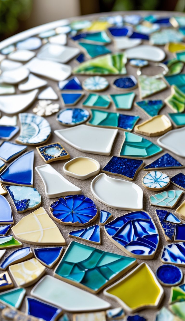 Close-up of a decorative tabletop covered with a colorful mosaic made from broken china pieces.